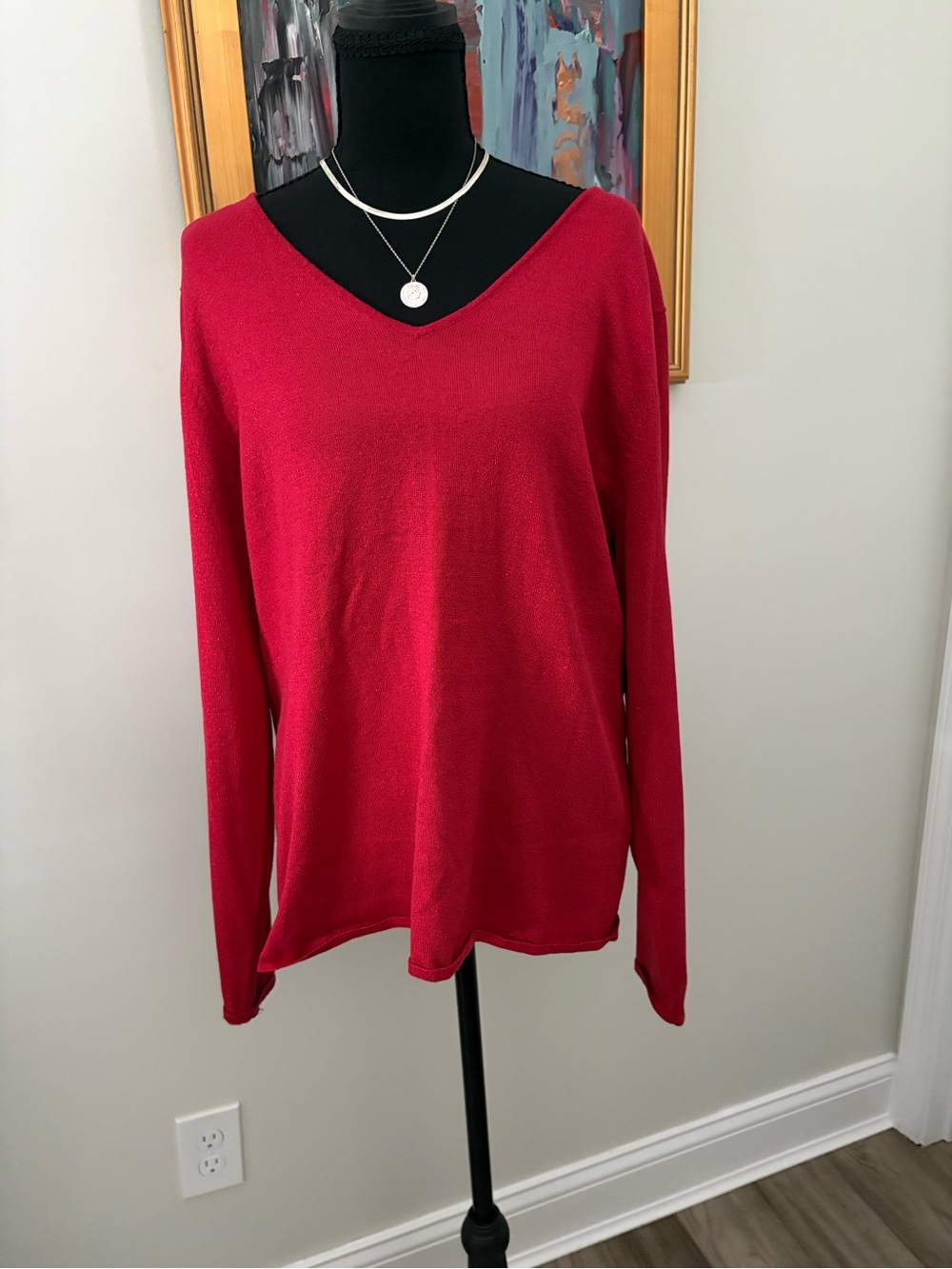 New York & Company Red Long-Sleeve V-Neck Top with Crisscross Back